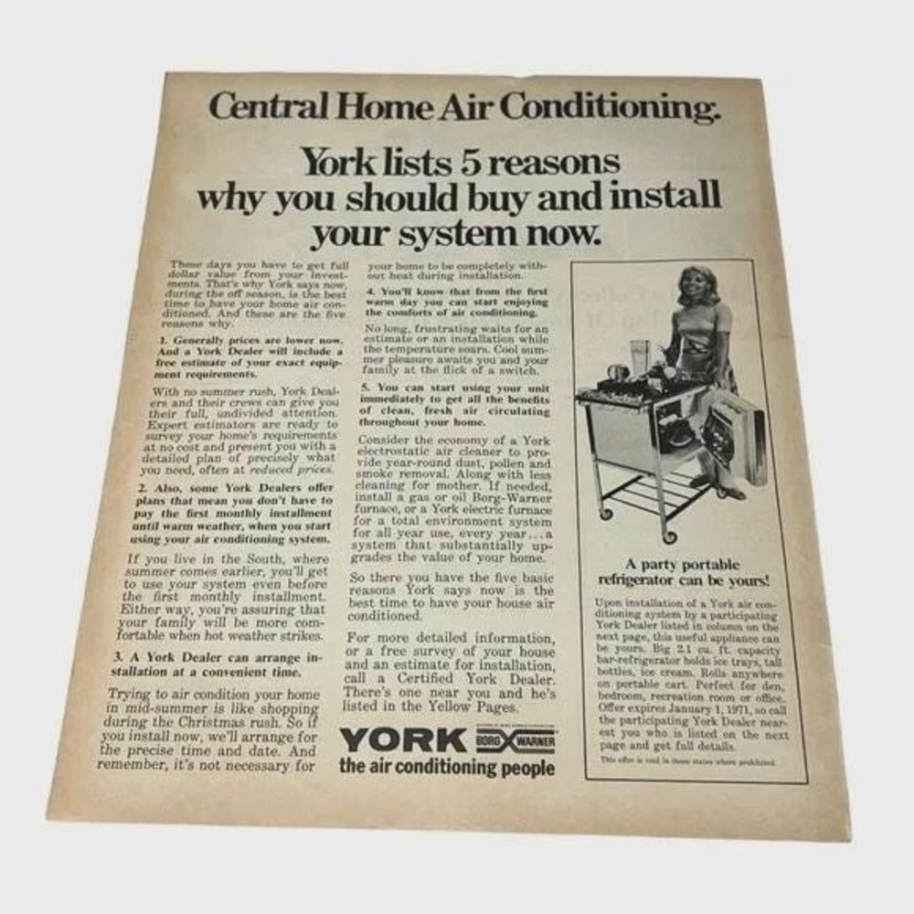 1970 York the Air Conditioning People Original Vintage Print‎ Ad